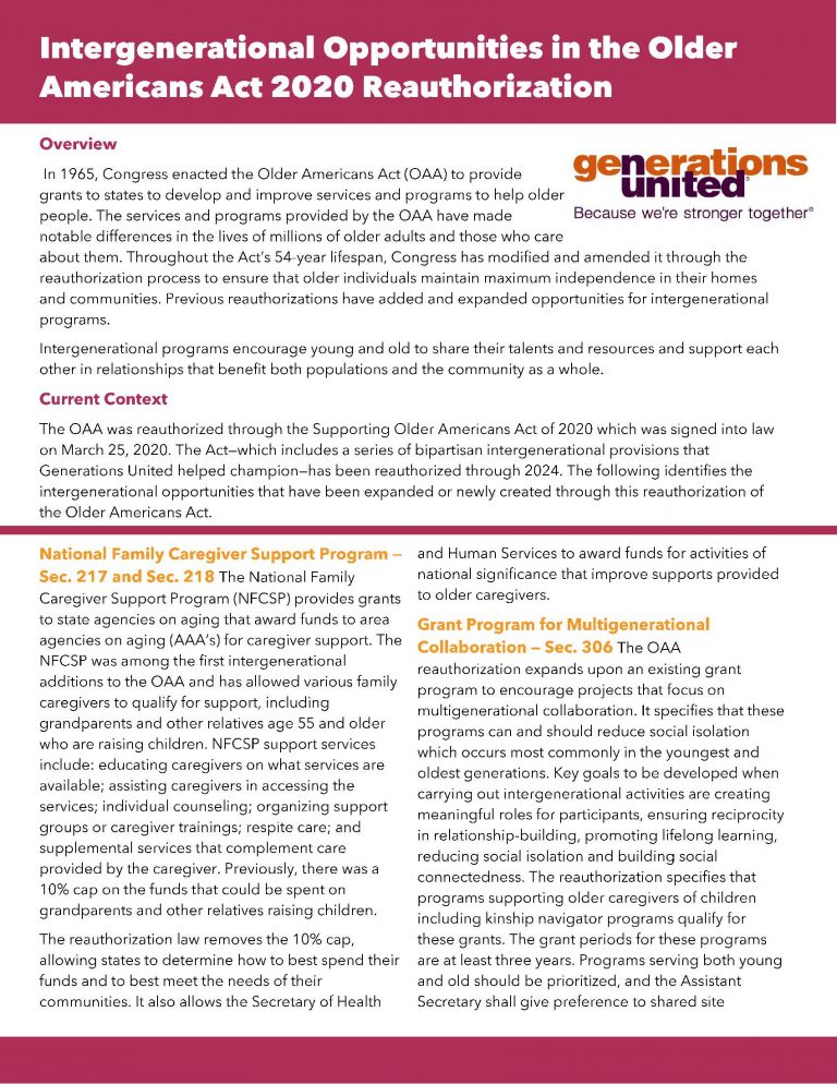 Intergenerational Opportunities in the Older Americans Act 2020